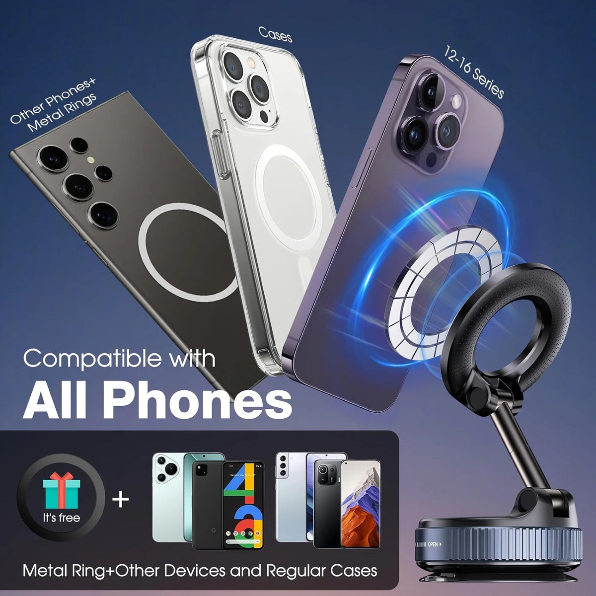 Upgraded Foldable Magnetic Phone Holder – 360° Rotatable Suction Mount for Car Dashboard, Desk & Gym,ABS with Wrench & Mount Pad
